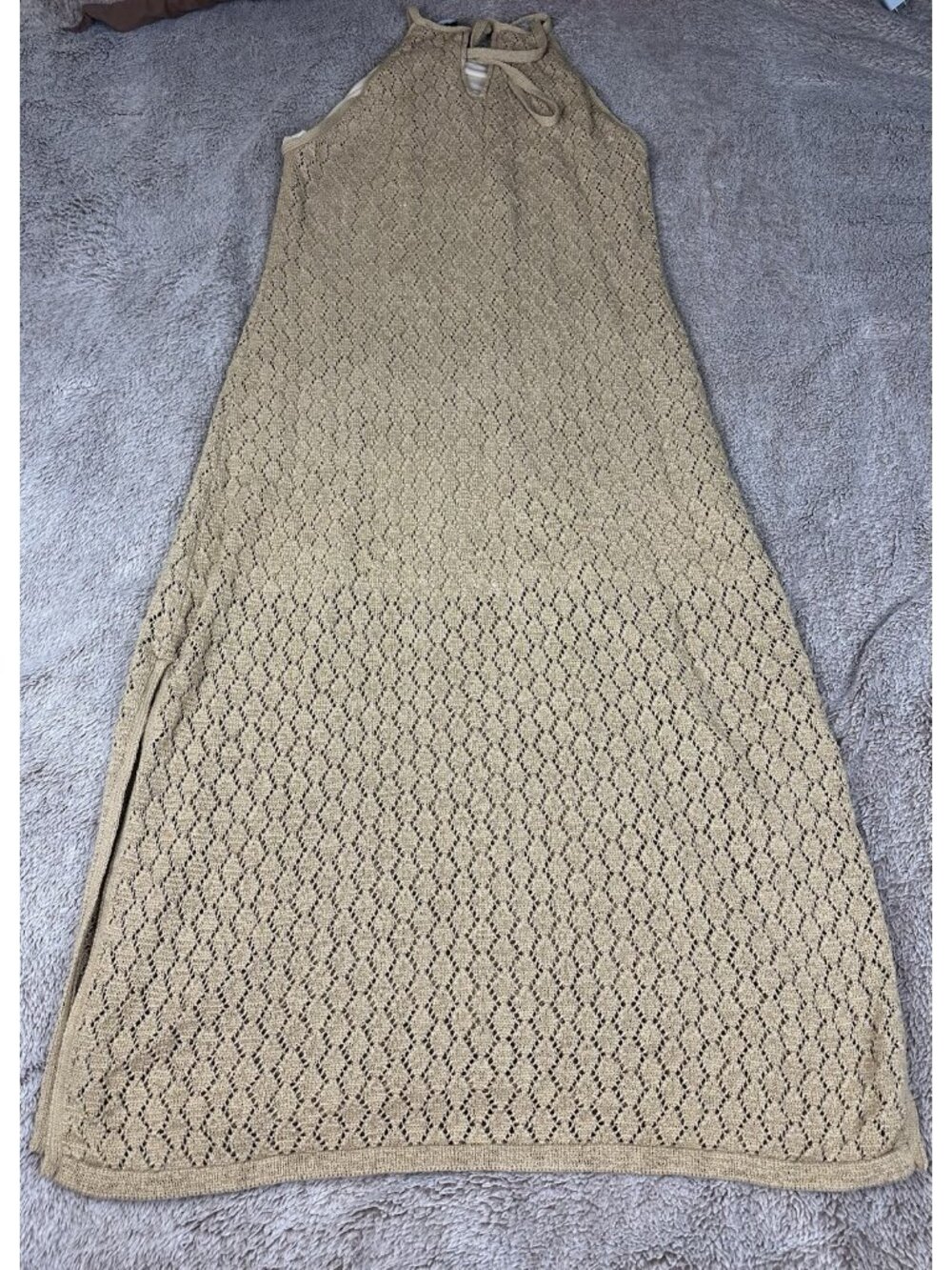 Boston Proper Crochet Knit High Neck Maxi Beach Sundress Dress Tan Costal Sz XL - Picture 11 of 12